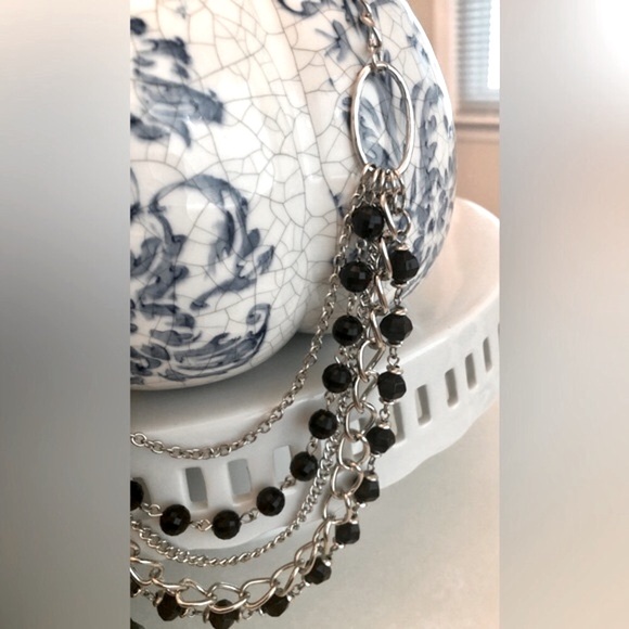 Multi Strand Silver Tone Chain and Black Bead Necklace - Picture 7 of 8